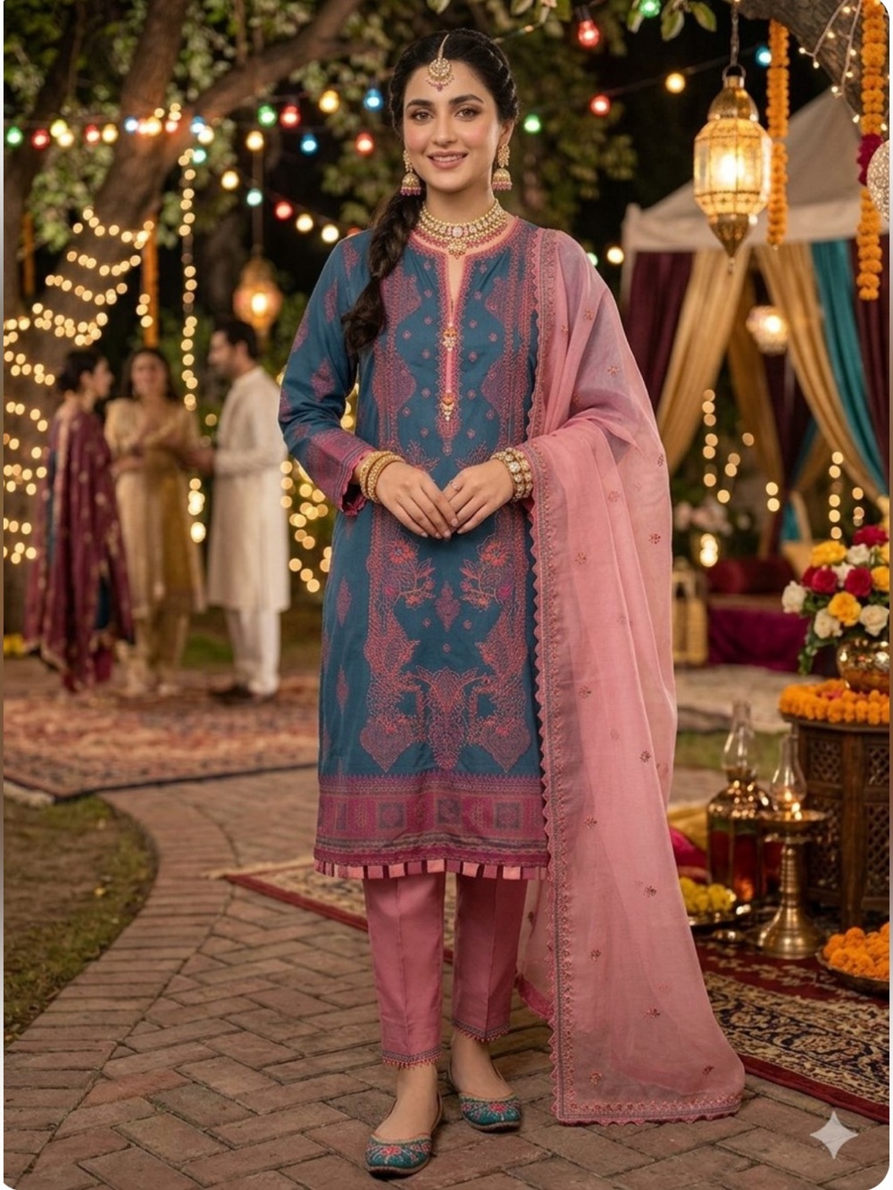 Pakistani Sapphire Jacquard Embroidered with Mirror Work Kurta Teal/Pink New M